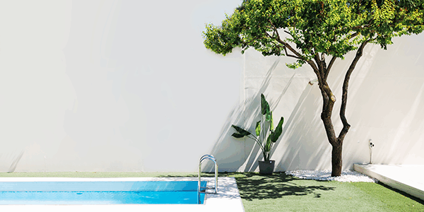 Poolbau Düsseldorf eingelassener Pool in minimalistischem Garten